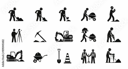 Construction worker icons set with tools and equipment.