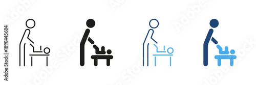 Parent Changing Baby Diaper Line And Solid Icon Set. Childcare, Parenting, And Infant Care Outline And Silhouette Symbol Collection. Baby Care Essentials. Isolated Vector Illustration