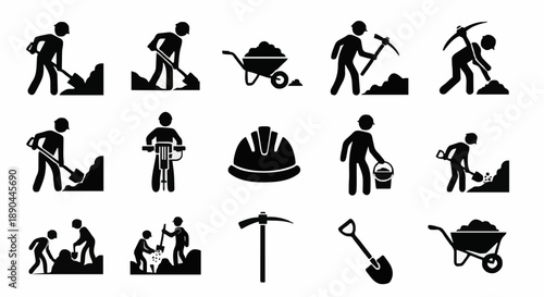 Construction workers performing various tasks with tools and equipment.