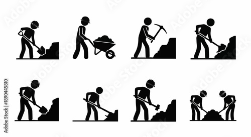 Construction worker digging and moving dirt with tools and wheelbarrow.