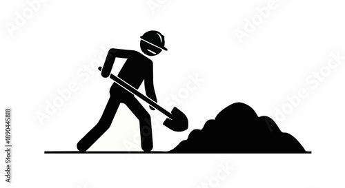 Construction worker digging with shovel icon silhouette.