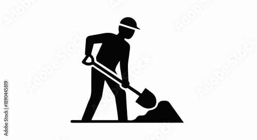 Construction worker digging with shovel icon silhouette.