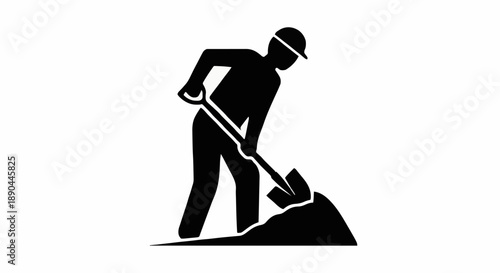 Construction worker digging with shovel icon silhouette.