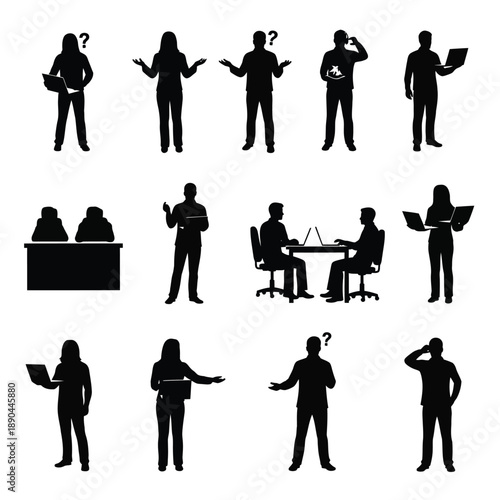 Silhouettes of people in various office settings and questioning poses