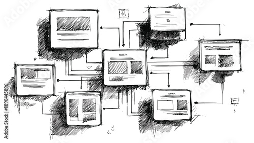 Wireframe Website Design with Hand-Drawn Sketch Elements and Navigation Flow