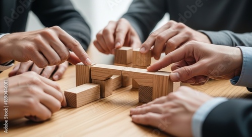 Team members work together to build a structure with wooden blocks during a meeting