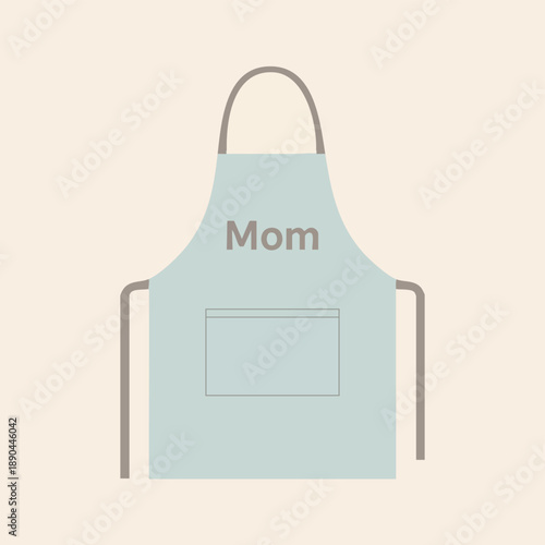 A light blue apron with the word 'Mom' and a pocket on a beige background.