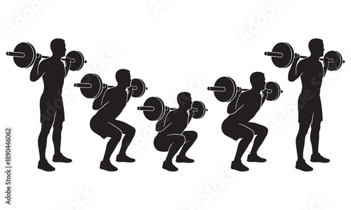 Barbell squat exercise silhouette sequence – man weightlifting vector illustration