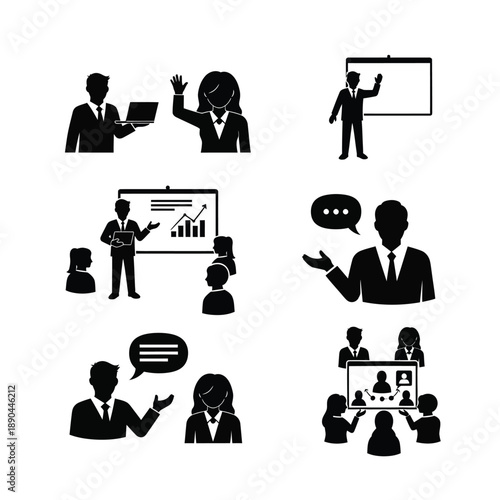 Business Professionals Engaging in Various Presentations and Discussions in Meeting Settings