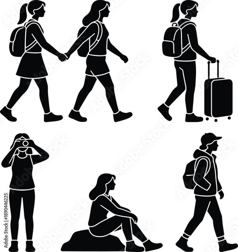 Travelers walking with luggage and enjoying scenic views