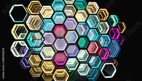 Leuchtende Hexagon-Struktur in Neonfarben – modernes Tech-Werbedesign