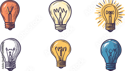 Colorful Hand-Drawn Light Bulb Illustrations with Various Designs and Bright Colors