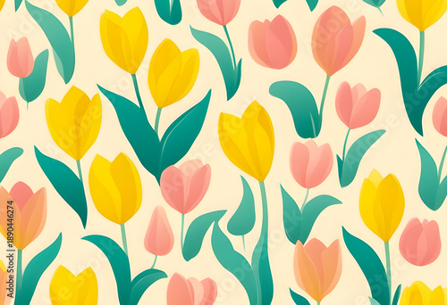 Bright yellow and pink tulips with green leaves form a seamless floral pattern on a soft cream background creating a cheerful and fresh spring inspired design