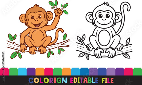 Two monkeys sitting on branches one colored and one a coloring page vector design