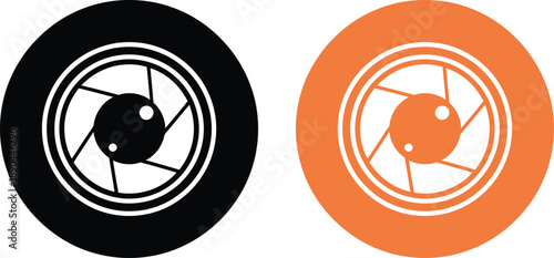 Camera Lens Icon Set in Black and Orange Color, Photography Aperture Symbol Illustration Isolated on White Background