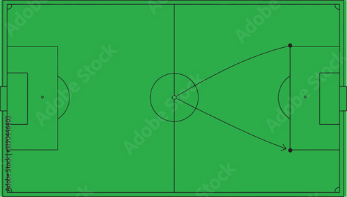 Vector illustration of a soccer field pitch with a ball and goal on green grass showing a game strategy plan and sport competition tactic design