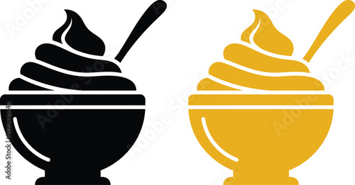 Dessert Bowl Icon Set in Black and Yellow Color, Sweet Cream or Ice Cream Silhouette Illustration Isolated on White Background