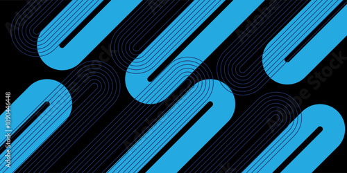 Abstract geometric pattern with blue rounded capsule shapes and rhythmic parallel lines on a dark black background