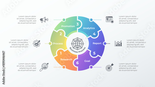 6 Step circular business process infographic diagram design. Vector illustration. Perfect for visualizing workflow cycles, project development, and strategic planning.