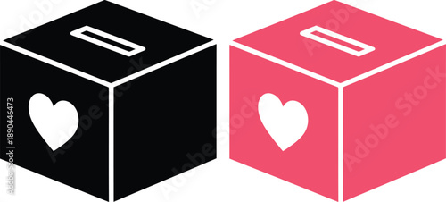 Donation Box with Heart Icon Set in Black and Pink Color, Charity Love Support Silhouette Illustration Isolated on White Background