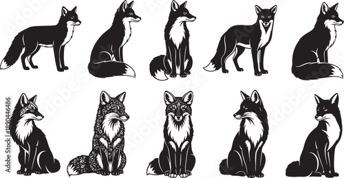 Set of cute cartoon cat and kitten silhouettes featuring black and white feline vector illustrations and domestic animal shapes with tails for pet art design