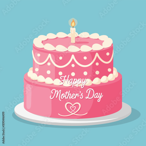 Illustration of a pink birthday cake with white frosting and a single lit candle on top, placed on a white plate against a light blue background, celebrating Mother's Day.