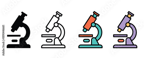 microscope biology icon, consistent pose and proportions in black solid, glyph, outline minimal, flat multicolor filled, and cartoon flat shaded styles,