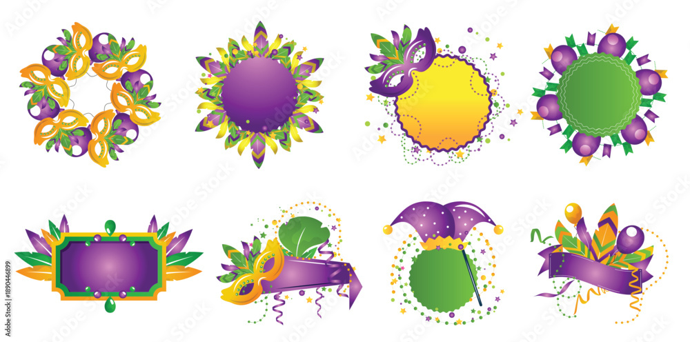 Naklejka premium Mardi Gras carnival badges and frames vector set