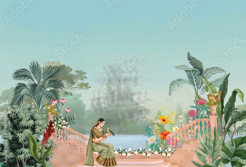 Traditional Mughal queen sitting in garden, bird vector illustration seamless pattern for wallpaper.