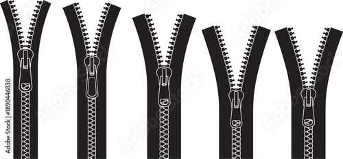 A single black metal zipper fastener object vector illustration for clothing and sewing textile fashion isolated on a white background in both open unzipped and closed positions