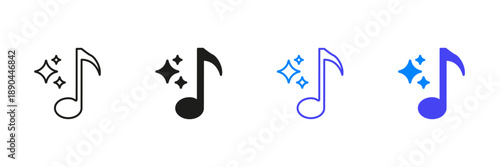 Musical Note With Sparkles Line And Solid Icon Set. Melody Enhancement, Sound Quality Outline And Silhouette Symbol Collection. Generate Music by AI. Isolated Vector Illustration