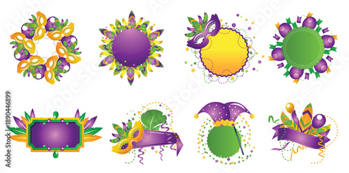Mardi Gras carnival badges and frames vector set