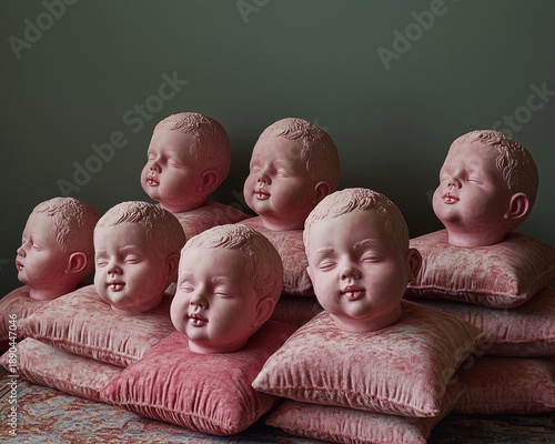An art photo featuring a gouping of soft, pink doll r baby head sculptures resing on matching cushions.