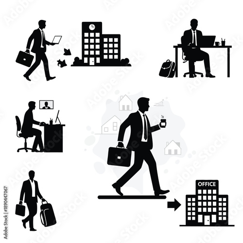 Businessman walking towards office building with briefcase in hand various work scenes depicted