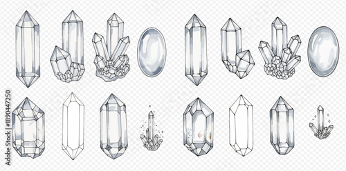 Set of clear crystal quartz and mineral gemstones, hand-drawn vector illustration for geology and magic designs.