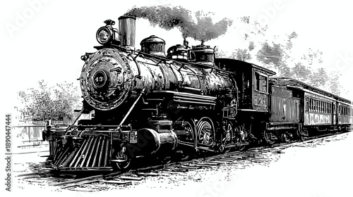 Vintage Steam Train Locomotive Engraving Illustration. Classic Antique Railway Transport with Passenger Cars. Historical Technology.