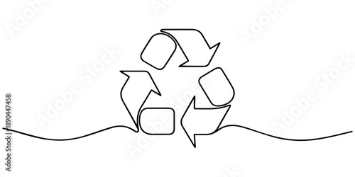 Continuous one line drawing recycling symbol. Recycling linear icon, Round frame with arrows, abstract vector illustration, Continuous one line drawing of a recycling symbol of three arrows