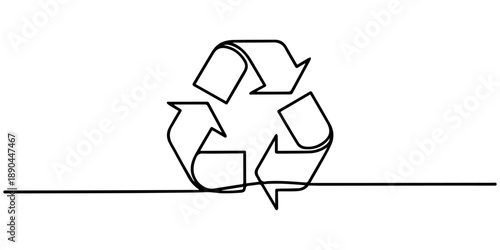 Continuous one line drawing recycling symbol. Recycling linear icon, Round frame with arrows, abstract vector illustration, Continuous one line drawing of a recycling symbol of three arrows