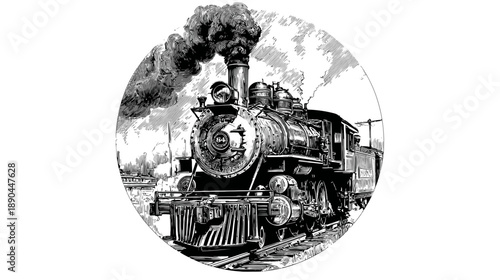Historic Steam Locomotive Black and White Engraving. Vintage Railroad Train with Smoke. Retro Transport Art