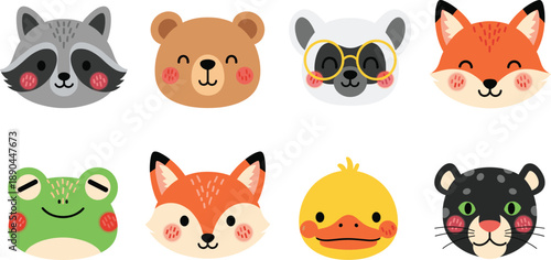 Cute animal face icon vector set. Adorable cartoon heads including raccoon, bear, fox, frog, duck, and panther. Kawaii emoji style illustrations, isolated on white background.