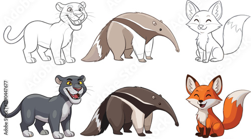 Wild animal cartoon vector set. Cute panther, anteater, and fox characters in outline and colored styles. Friendly wildlife illustration collection, isolated on white background.