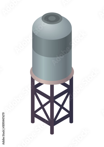 Elevated reservoir with steel framework, Gray cylindrical water tank on lattice tower, Illustration of elevated water reservoir on steel support with access and telemetry sensors