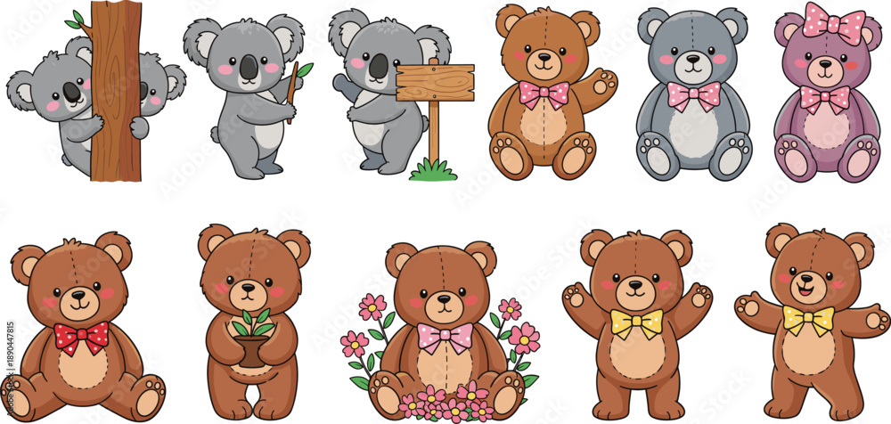 Fototapeta premium teddy bear and koala cartoon vector set. Adorable animals with bows, flowers, and signs. Kawaii nursery illustration collection, isolated on white background.
