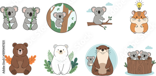 animals cartoon vector set. Adorable koalas, bears, otters, and hamster characters. Kawaii woodland illustration collection, isolated on white background.