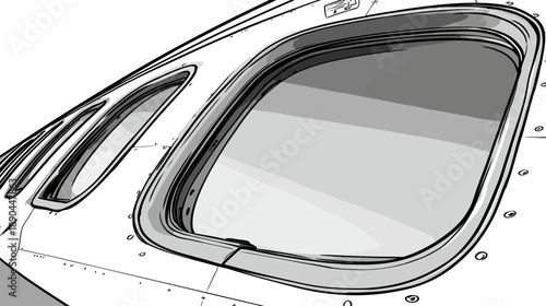 Detailed monochrome sketch of an airplane window on the fuselage, illustrating aviation travel and transport technology.