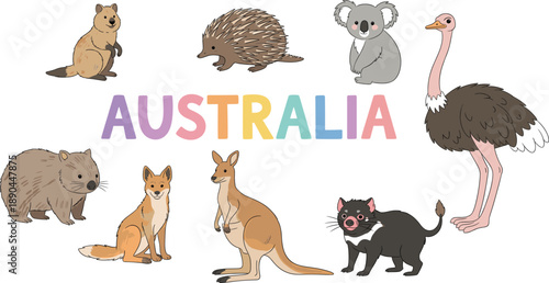Australia wildlife cartoon vector set. Cute Australian animals with colorful Australia text. Kangaroo, koala, echidna, wombat, ostrich and more, isolated on white background.