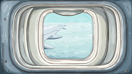 Airplane window view with wing above clouds and ocean. Hand-drawn illustration of aerial travel and journey.