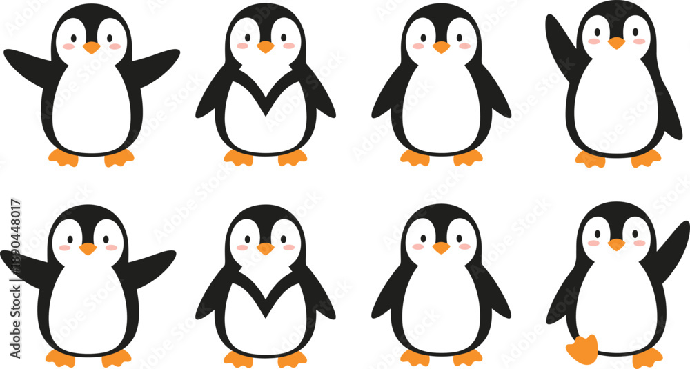 Obraz premium penguin cartoon vector set. Adorable baby penguins in different poses and gestures. Kawaii winter animal illustration, isolated on white background.