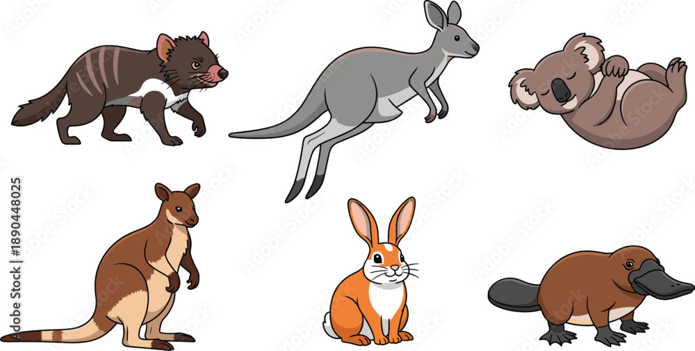Obraz premium Australian animals cartoon vector set. Cute kangaroo, koala, platypus, rabbit, and tasmanian devil characters. Wildlife illustration collection, isolated on white background.