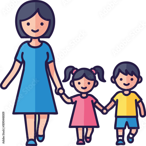 A cartoon illustration of a smiling woman holding hands with a little girl and boy, all wearing colorful clothes on a white background.
